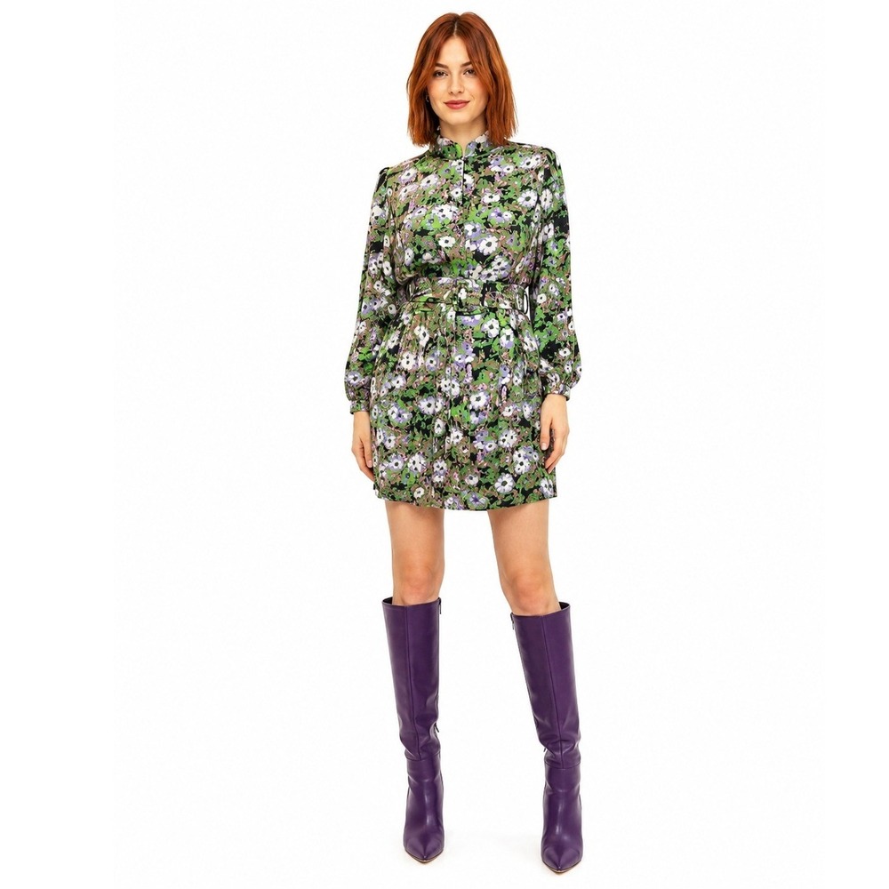 Floral Mock Neck Belted Mini SZ M Dress Woodland Fairy Pockets Green Purple